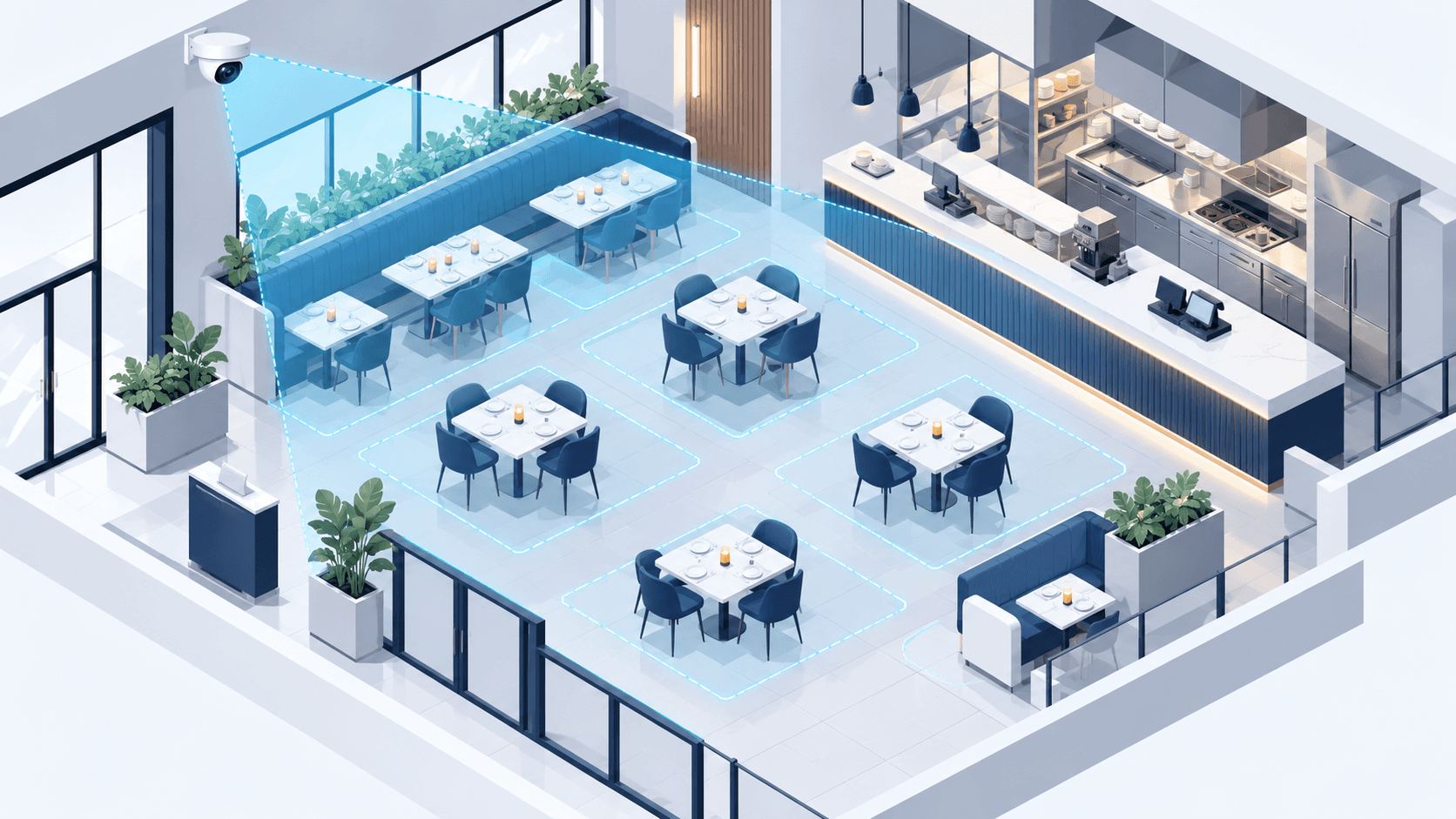 Illustrated restaurant floor with CCTV coverage and highlighted table zones.