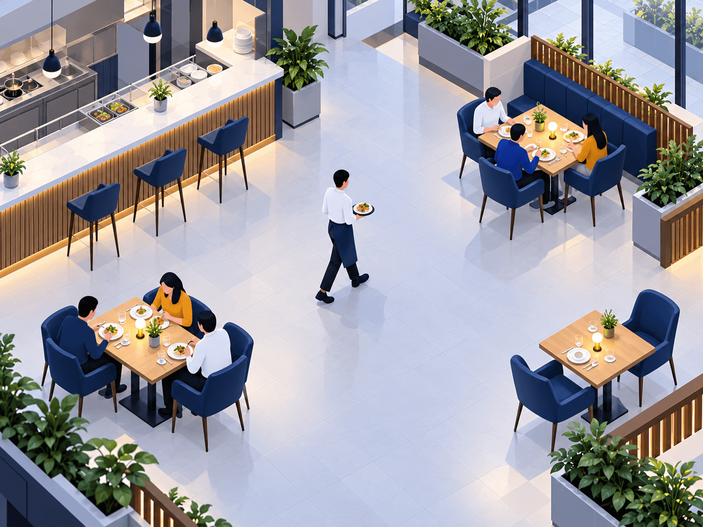 Illustrated restaurant floor with customers at tables and a waiter crossing between them.